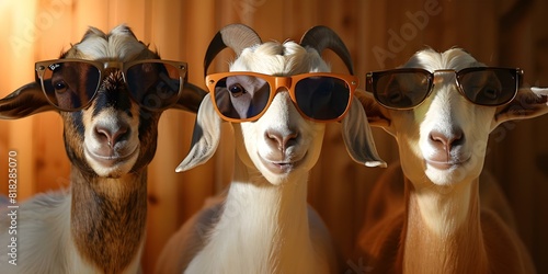 Elevating Farmyard Style: Fashionable Goats Rocking Sunglasses and Trendy Animal Couture. Concept Farmyard Fashion, Sunglasses for Goats, Animal Couture, Trendy Barnyard Styles