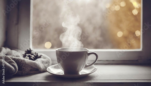 hot tea in a cup standing on a windowsill with hygge composition knitted scarf and autumn landscape. Mockup background with empty space for text. Generative AI.