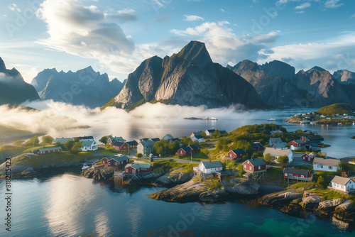 Beautiful aerial view of the village Reine on the Lofoten Islands in Norway, with mountains and sea surrounding houses, during summer time, with clouds, during the golden hour, cap