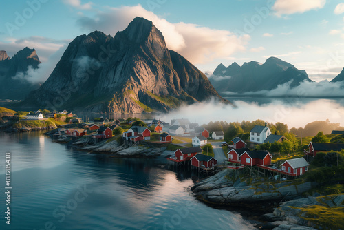 Beautiful aerial view of the village Reine on the Lofoten Islands in Norway, with mountains and sea surrounding houses, during summer time, with clouds, during the golden hour, cap