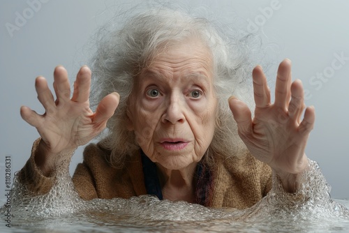 Senior woman submerged and reaching out anxiously