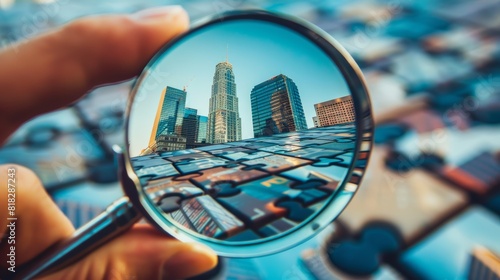 City skyline magnified through a magnifying glass with puzzle pieces. Urban planning and development concept.
