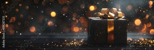 Gift box with golden bow on bokeh background, 3d rendering