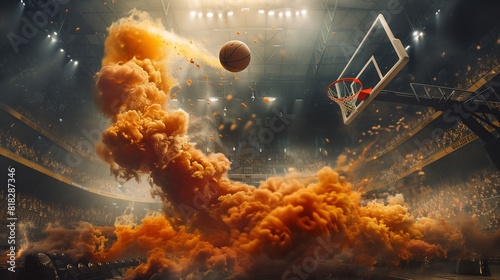 Burnt orange smoke morphing into a basketball, flying towards a hoop in a crowded stadium