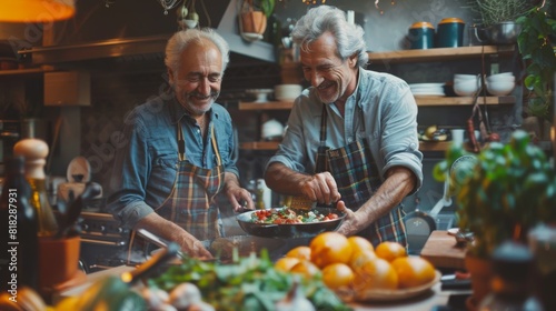 Senior LGBTQ couple preparing a meal together, enjoying each other's company in the kitchen