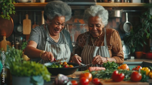 Senior LGBTQ couple preparing a meal together, enjoying each other's company in the kitchen