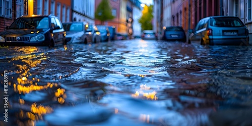 European City Street Flooded: Urgent Need for Insurance Coverage. Concept Insurance Claim, Flooding Damage, European City, Emergency Assistance, Insurance Coverage