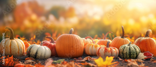 Abóboras coloridas de vários tipos dispostas em um campo durante o pôr do sol, criando um fundo vibrante de Ação de Graças e outono com espaço de cópia