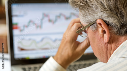 Older man with gray hair and glasses, concentrating intently on a financial chart displayed on his laptop screen, indicating analysis and focus.
