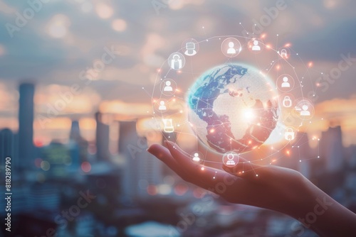 A hand holding an earth globe with social media icons and people icons, a digital marketing concept for global business technology in the style of a blurred cityscape background Generative AI