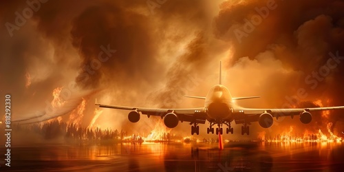 A large firefighting plane drops fire retardant on a forest fire at a low altitude. Concept Firefighting, Forest fire, Fire retardant, Aircraft, Emergency response