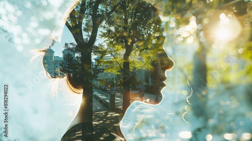 Double exposure of woman's silhouette and nature, blending human and nature elements. Perfect for artistic, environmental, and conceptual themes.