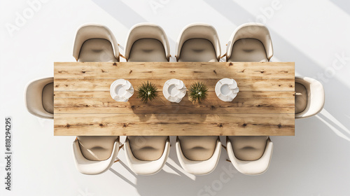 Top view of dining table with chairs isolated on a white background