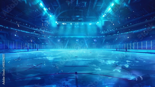 illuminated empty ice hockey arena rink with bright blue spotlights and winter background digital painting