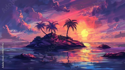 illustrated rocky island with palm trees and colorful sunset sky digital art