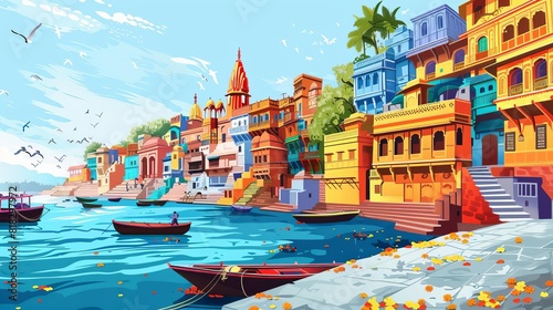 vibrant ghat scene in varanasi india colorful traditional architecture illustration