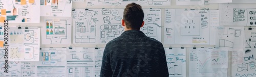 Man standing in front of a wall of drawings