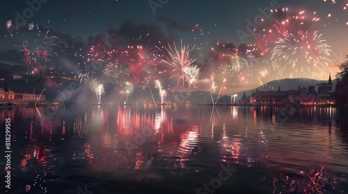 The rippling waters of a tranquil lake reflect a brilliant display of patriotic fervor, as fireworks cascade in shimmering hues, mirroring the nation's pride.