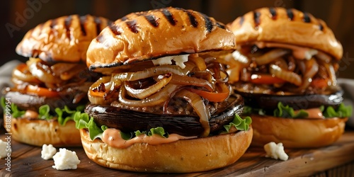Delicious Grilled Portobello Mushroom Burger with Caramelized Onions, Goat Cheese, and Brioche Bun. Concept Vegetarian Grilling, Burger Recipes, Gourmet Burgers, Mushroom Delights, Meatless Meals