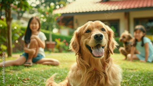 A golden retriever is sitting in the grass next to two children. The dog is smiling and he is happy