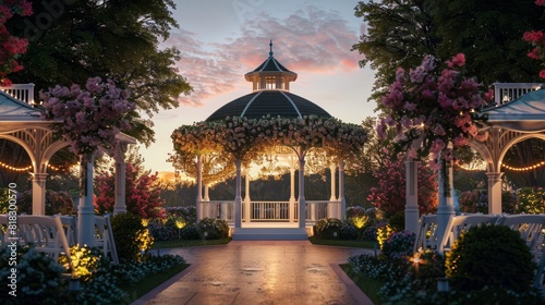 Romantic garden gazebo illuminated at dusk, surrounded by lush flowers and trees, perfect for weddings or special events.