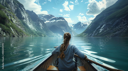 View from the back of a girl in a canoe floating on the water 