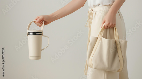 Woman is carrying cloth bag and tumbler to replace and reduce using plastic cups and plastic bags, Low carbon society concept. 
