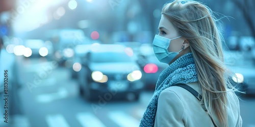 Woman wearing a mask on a bustling street epitomizes the prevailing practice of public mask-wearing. Concept Public Health, Street Scene, Mask-Wearing Trend, Everyday Life, Current Norms
