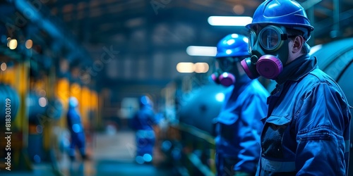 Assessment of Toxic Spills by Technicians in Gas Masks in an Industrial Warehouse. Concept Chemical handling, Spill response, Contamination control, Emergency procedures, Safety equipment usage
