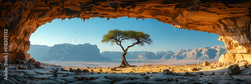 Arafed Window in the Desert with a Tree Growing, Lonely tree in desert in arid desert against backdrop of mountains 