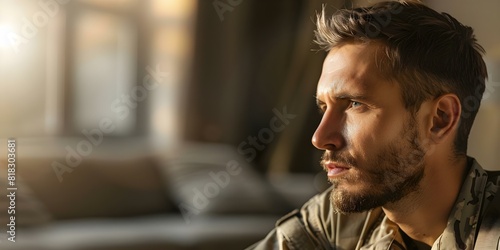 A man in therapy for depression and PTSD after military conflict. Concept Military Conflict, PTSD, Therapy, Depression, Mental Health