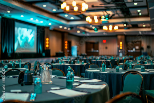 A large banquet hall with tables and chairs set up for a conference