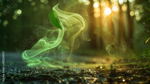 Mint green smoke curling into a leaf shape, hovering over a dewy forest floor at sunrise
