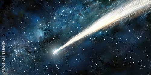 A comet streaks across the sky, its tail leaving a mesmerizing trail of icy white dust