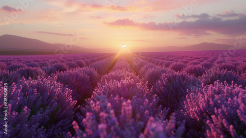 A field of purple lavender flowers with a beautiful sunset in the background