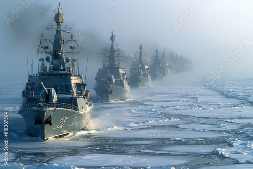 A line of military ships are in the water, with the first ship being numbered 3