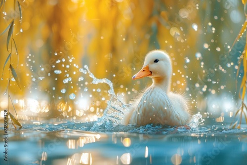 Adorable duckling splashing in a sunlit pond surrounded by gentle ripples and glowing water droplets. ideal for nature-themed prints, posters, and greeting cards.