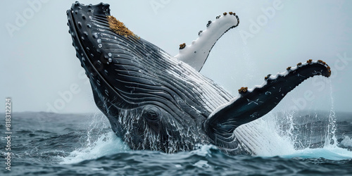 A humpback whale breaches the surface of the ocean, its massive tail flukes creating a splash.