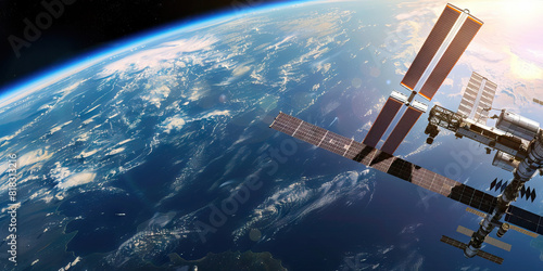 The International Space Station orbits the Earth, its solar panels catching the sunlight