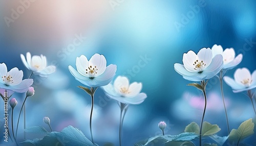 Spring forest white flowers primroses on a beautiful blue background macro. Blurred gentle sky-blue background. Floral nature background, free space for text. Romantic soft gentle artistic image