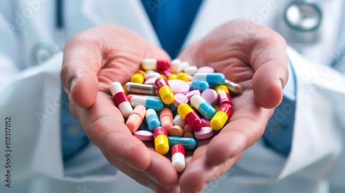 Doctor holding a handful of assorted pills and capsules. Medical professional displaying various medications.