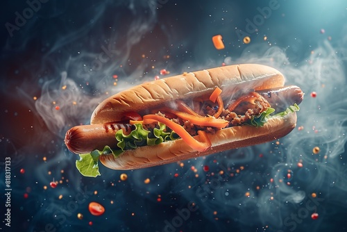 Creative food concept. Delicious hotdog bun with ingredients floating flying in the air in dark smoky background. copy text space 