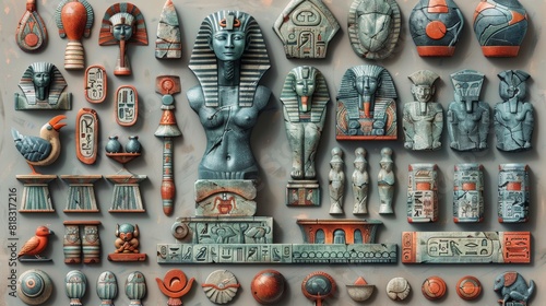 Cartoon Egyptian elements. Ancient Egyptian statues and mythology objects, birds scarabs, jackals, gods, sphinxes, and pharaohs.