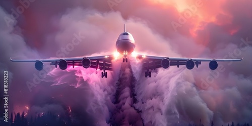 A large firefighting plane releases fire retardant on forest fire at low altitude. Concept Wildfire Suppression, Aerial Firefighting, Emergency Response, Environmental Conservation