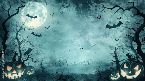 carved pumpkins with an evil face, bats and a gloomy castle in the dark on Halloween night, watercolor pumpkin, castle, bats on a dark gloomy background, Halloween banner with space for text