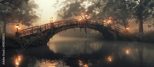 Tranquil Evening Illumination Classic Stone Bridge Shines with Lantern Glow and Misty River in Warm Sepia