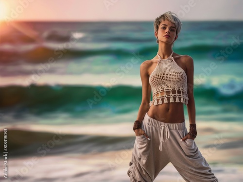 Young woman poses confidently on a beach at sunset, wearing casual attire with the ocean waves in the background, creating a serene and stylish summer vacation vibe.