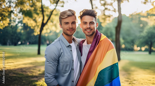 Varones adolescentes en el parque exhibiendo la bandera del orgullo LGBTQ. IA generativa