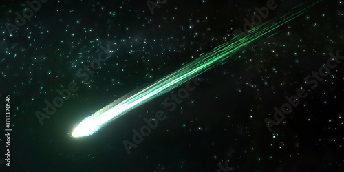 A vivid green comet blazes through the inky abyss of space, its ethereal tail illuminating the cosmic darkness.