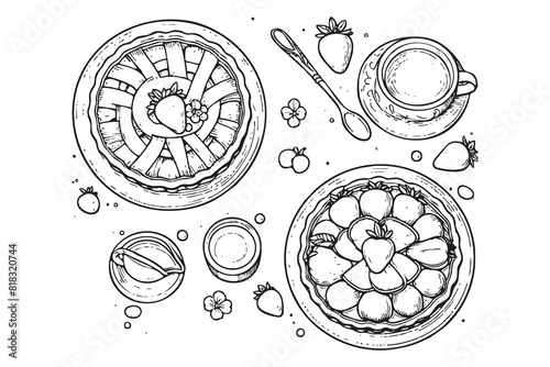 Continuous one line drawing of strawberry pie, cake. vector illustration.